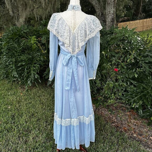 70s Candi Jones California Vintage Prairie Maxi Blue Lace High Neck Long 9 - Picture 9 of 14
